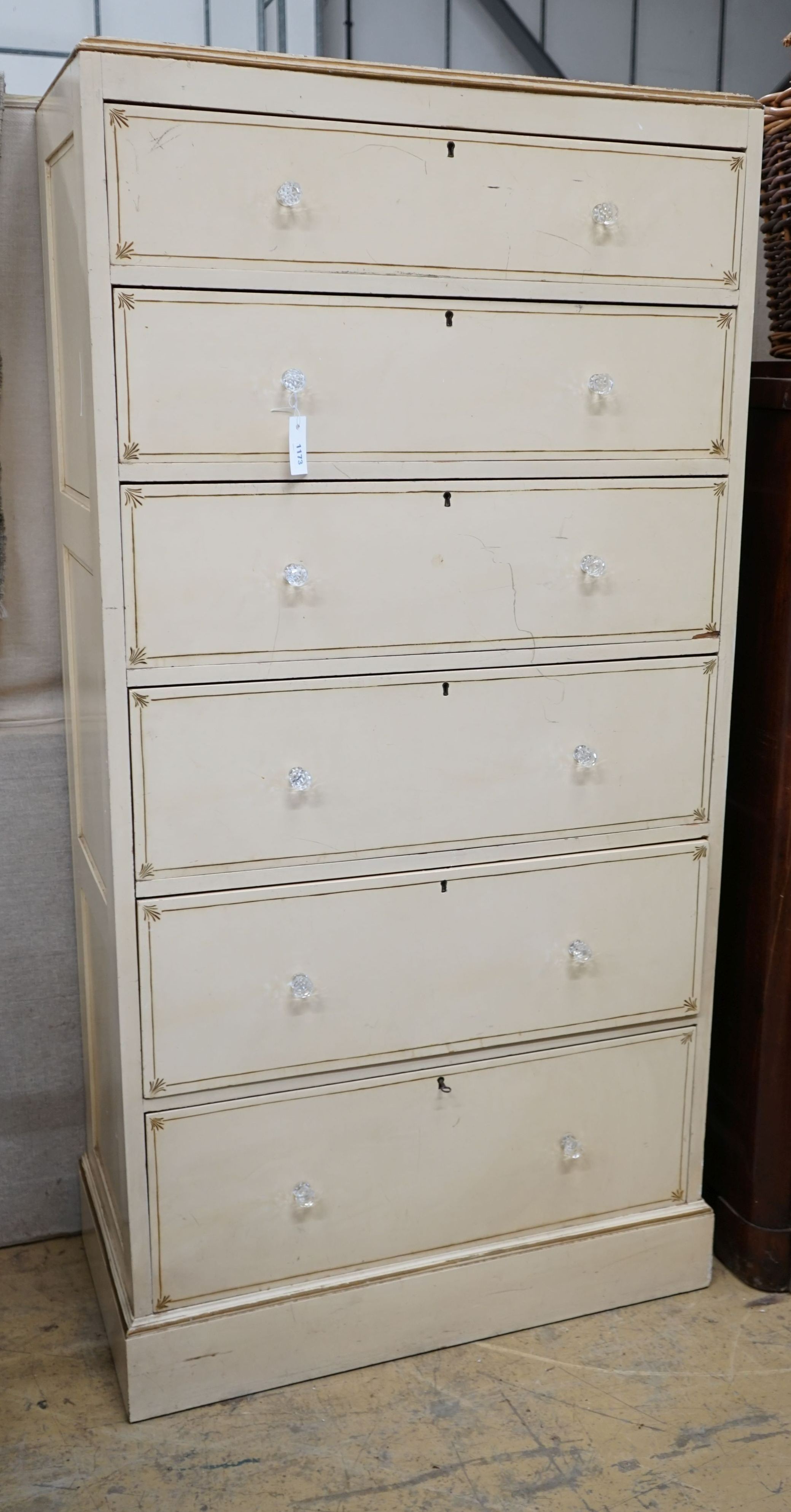 An early 20th century painted oak six drawer tall chest, width 88cm, depth 48cm, height 170cm